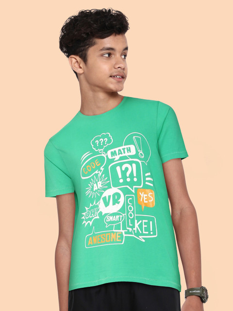 

Indian Terrain Boys Green & White Cotton Typography Printed T-shirt