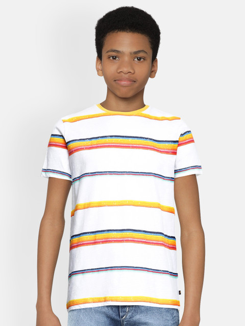

Indian Terrain Boys White Pure Cotton Striped T-shirt