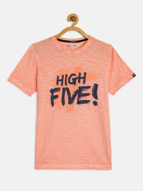 

Indian Terrain Boys Peach Typography Printed Pure Cotton T-shirt