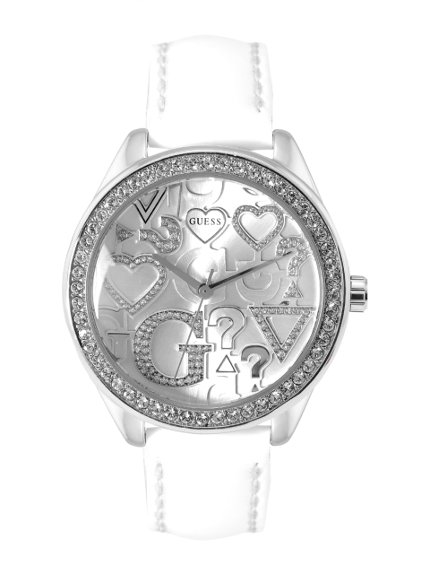 

GUESS Women Silver-Toned Embellished & Brand Logo Embossed Analogue Watch W95139L1