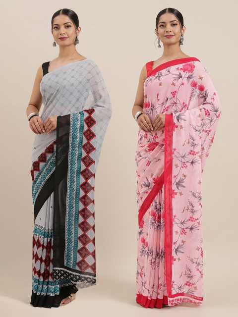 

KALINI Pack of 2 Pink & Grey Floral Poly Georgette Saree