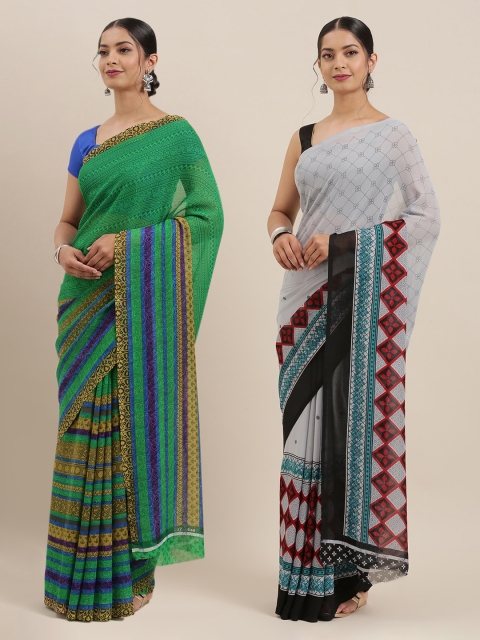

KALINI Pack of 2 Grey & Green Printed Poly Georgette Sarees