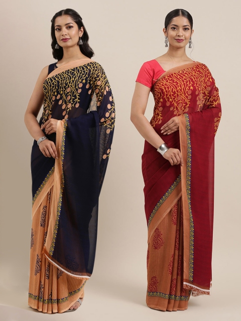 

KALINI Pack of 2 Maroon & Mustard Printed Poly Georgette Sarees