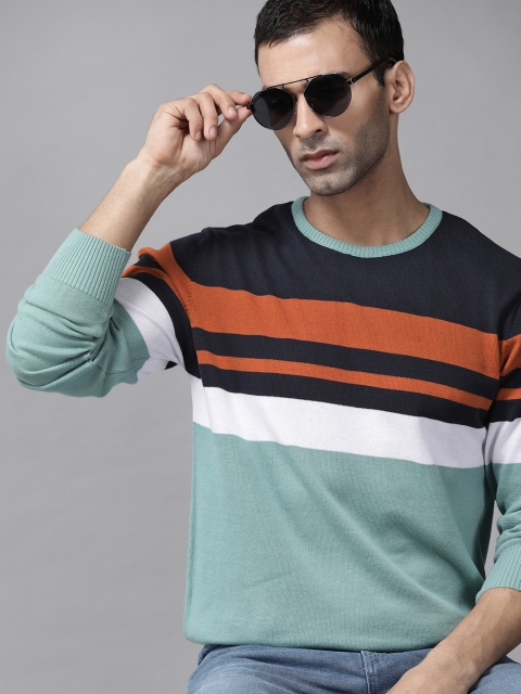 

Roadster Men Sea Green & Navy Blue Striped Pullover
