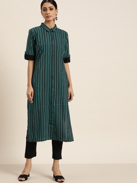 

all about you Women Black & Green Printed Straight Kurta