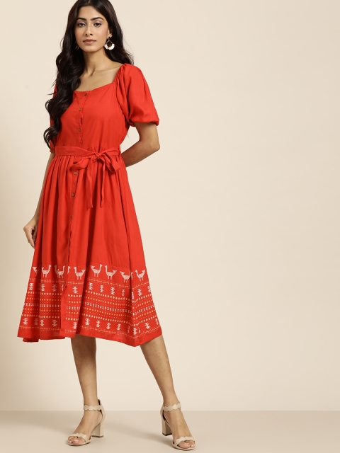 

all about you Women Red & Beige Printed A-Line Midi Dress