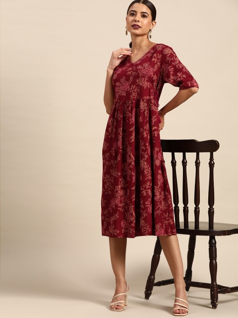 

all about you Maroon & Beige Floral Print Wrap Dress