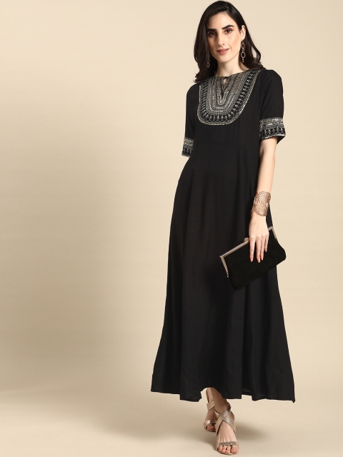 

all about you Women Black & Gold Ethnic Yoke Embroidered Fit & Flare Maxi Dress
