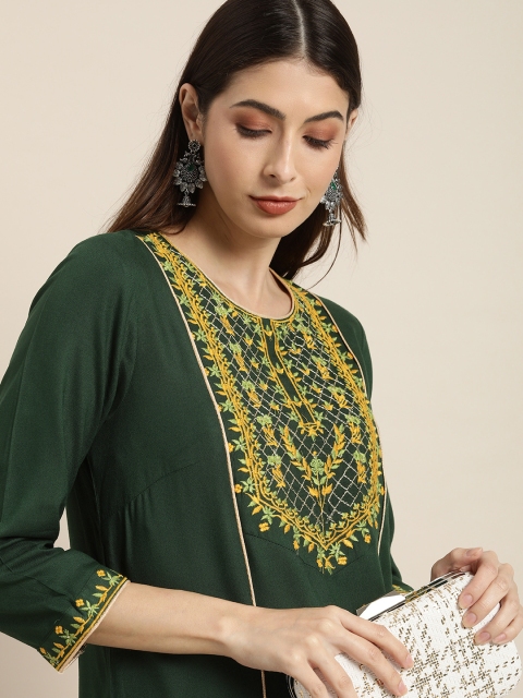 

all about you Women Green Floral Embroidered Yoke Design Kurta
