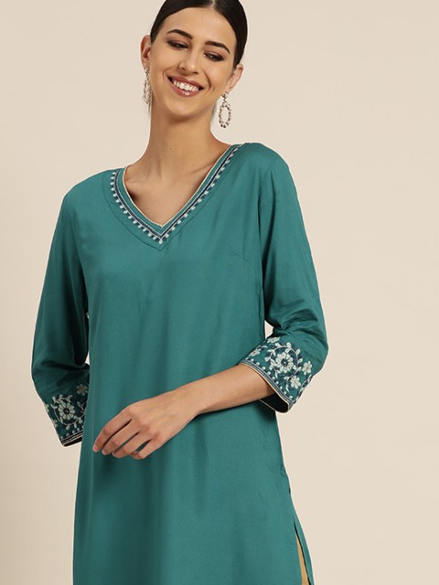 

all about you Women Teal Green Embroidered Detail Straight Kurta