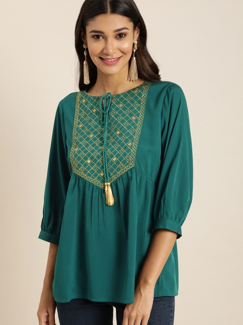 

all about you Women Green & Yellow Yoke Design Pleated Kurti