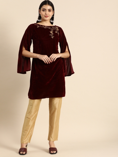 

all about you Women Maroon Ethnic Motifs Embroidered Thread Work Kurta with Trousers