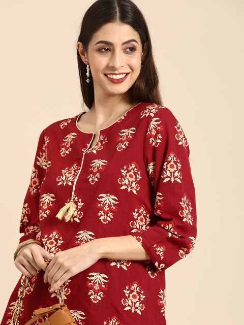 

all about you Red Floral Printed Cotton Straight Kurti