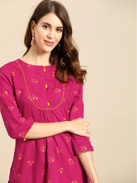

all about you Women Pink & Yellow Floral Print Straight Kurta