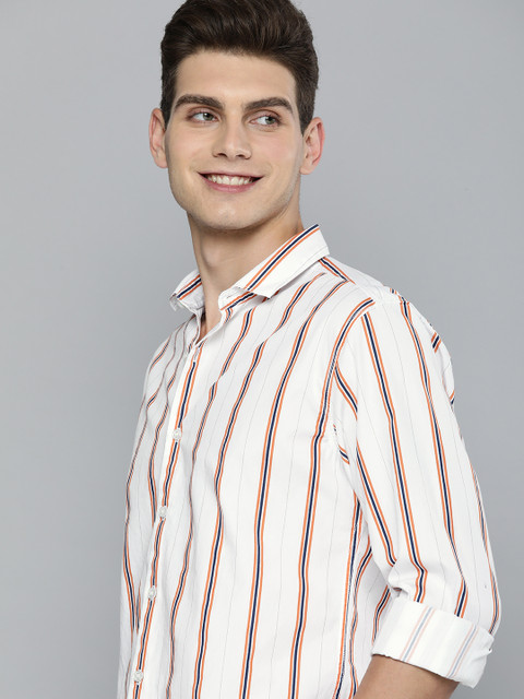 

Mast & Harbour Men White And Orange Striped Pure Cotton Casual Shirt