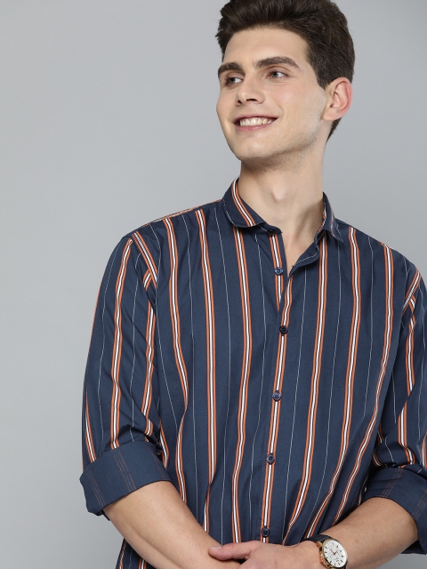 

Mast & Harbour Men Navy Blue And Orange Striped Pure Cotton Casual Shirt