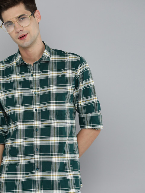 

Mast & Harbour Men Green & White Tartan Checks Pure Cotton Casual Shirt