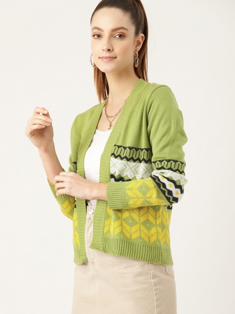 

DressBerry Women Green & Yellow Self-Design Front-Open Sweater