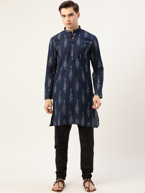

RAJUBHAI HARGOVINDAS Men Navy Pure Cotton Ikat Design Kurta with Churidar, Navy blue