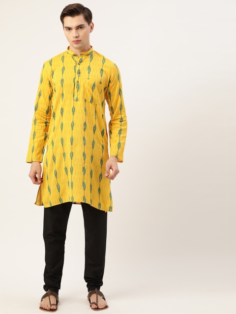 

RAJUBHAI HARGOVINDAS Men Yellow & Black Pochampally Ikat Pure Cotton Kurta with Churidar