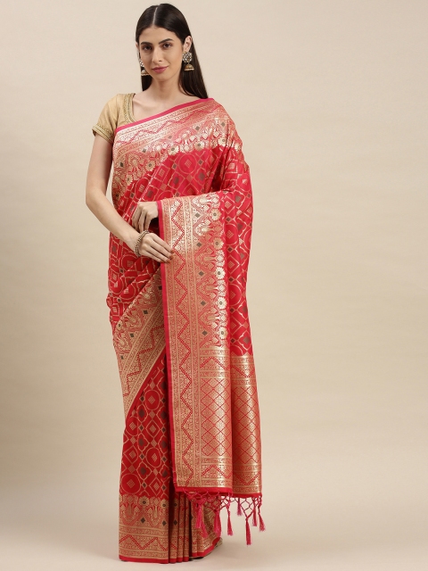 

flaher Pink & Gold-Toned Woven Design Zari Art Silk Banarasi Saree