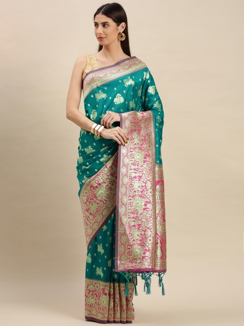 

flaher Teal Green & Golden Woven Design Zari Art Silk Banarasi Saree