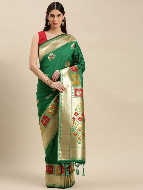 

flaher Green & Gold-Toned Woven Design Zari Art Silk Banarasi Saree