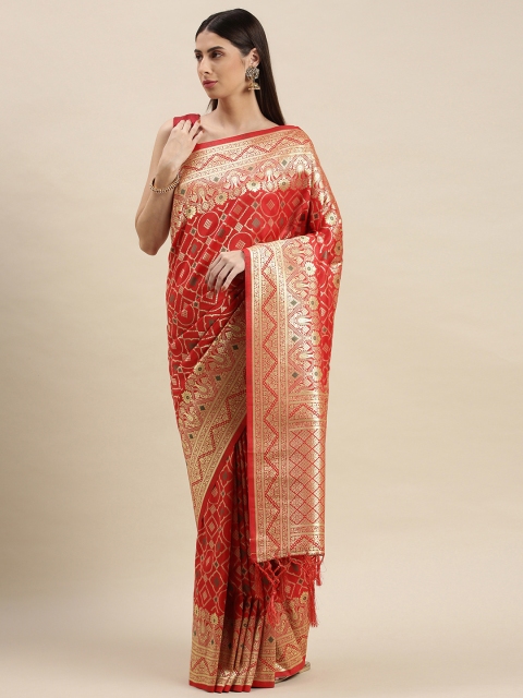 

flaher Red & Golden Ethnic Motifs Zari Art Silk Banarasi Saree