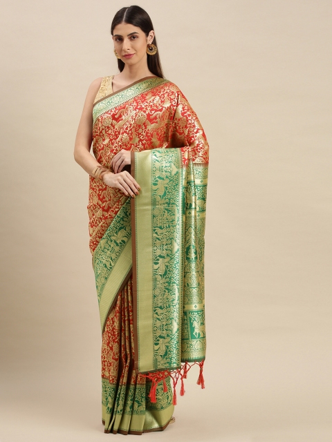 

flaher Red & Gold-Toned Woven Design Zari Art Silk Banarasi Saree