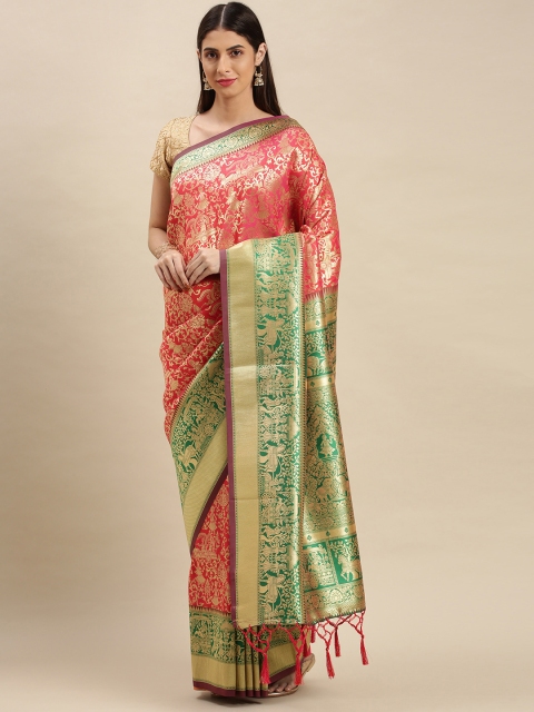 

flaher Peach-Coloured & Gold-Toned Ethnic Motifs Zari Art Silk Banarasi Saree