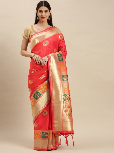 

flaher Coral Pink & Gold-Toned Ethnic Motifs Zari Art Silk Banarasi Saree
