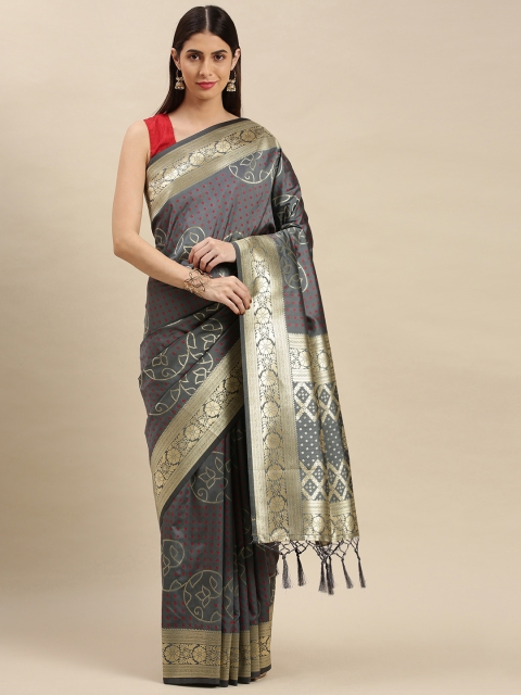 

flaher Grey & Gold-Toned Woven Design Zari Art Silk Banarasi Saree