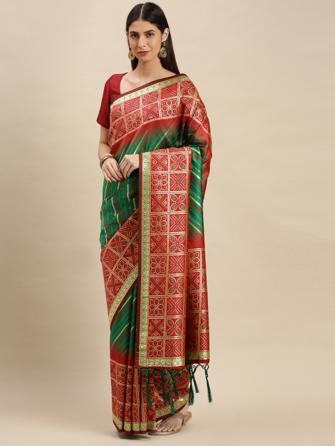 

flaher Green & Gold-Toned Striped Zari Art Silk Banarasi Saree