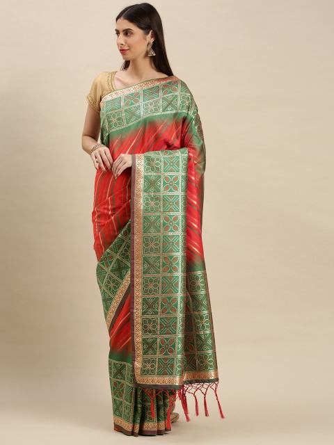 

flaher Peach-Coloured & Green Striped Zari Art Silk Banarasi Saree