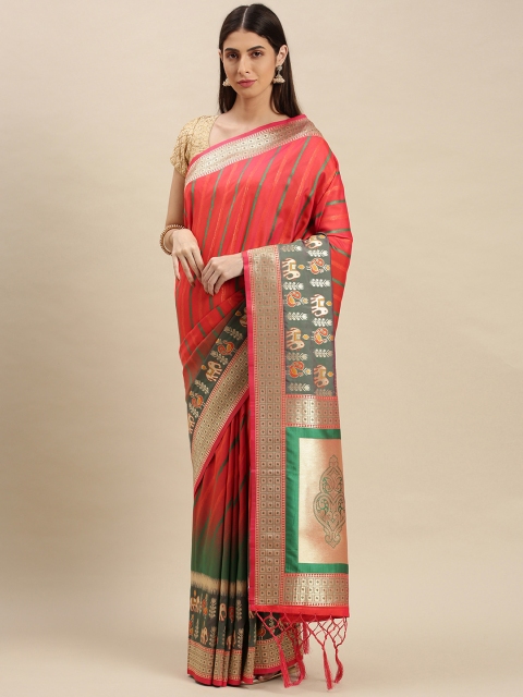 

flaher Pink & Green Woven Design Art Silk Banarasi Saree