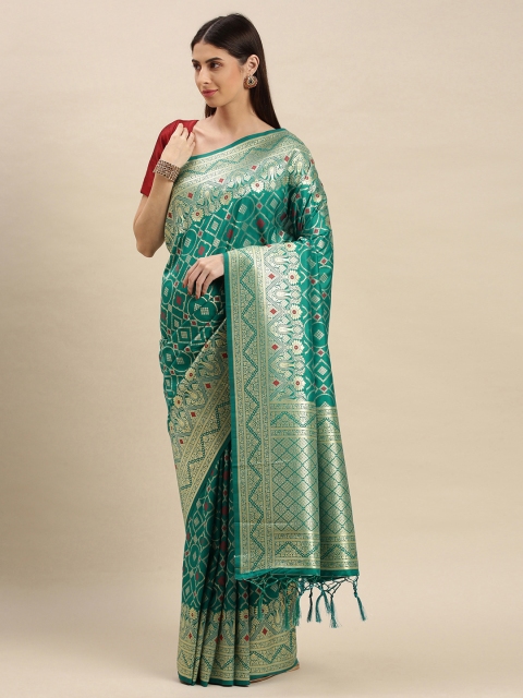 

flaher Turquoise Blue & Gold-Toned Art Silk Banarasi Saree