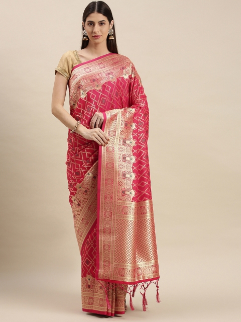 

flaher Magenta Pink & Golden Ethnic Motifs Zari Art Silk Banarasi Saree