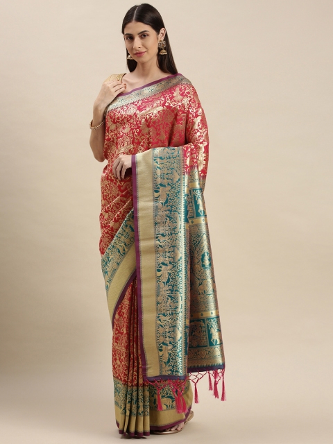 

flaher Pink & Golden Ethnic Motifs Zari Art Silk Banarasi Saree