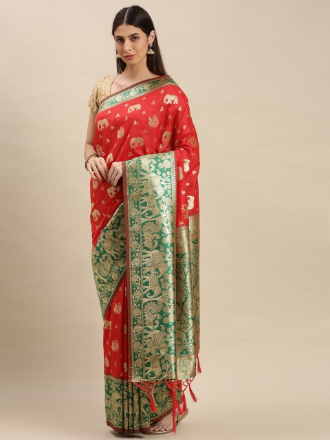 

flaher Red & Green Woven Design Art Silk Banarasi Saree