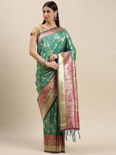 

flaher Teal Green & Golden Ethnic Motifs Zari Art Silk Banarasi Saree