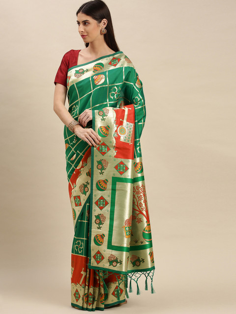 

flaher Green & Gold-Toned Checked Art Silk Banarasi Saree