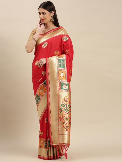 

flaher Red & Gold-Toned Ethnic Motifs Zari Art Silk Banarasi Saree