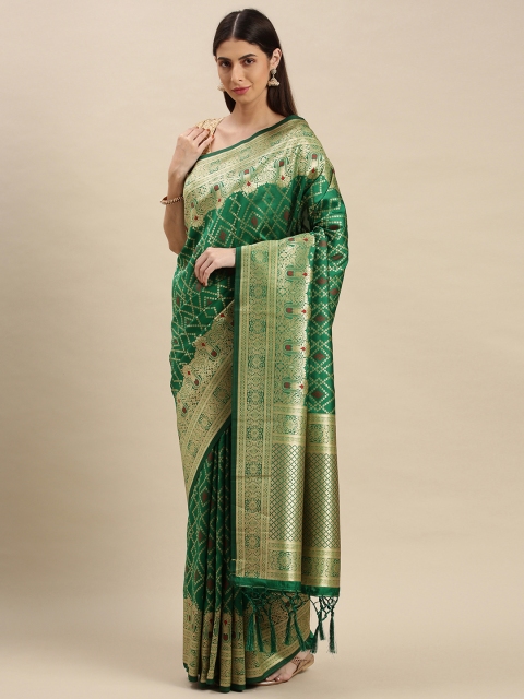 

flaher Green & Gold-Toned Woven Design Art Silk Banarasi Saree