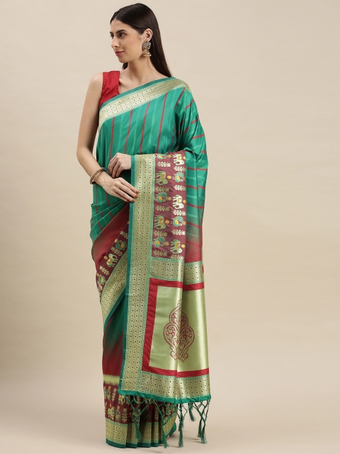 

flaher Teal Green & Red Striped Zari Art Silk Banarasi Saree