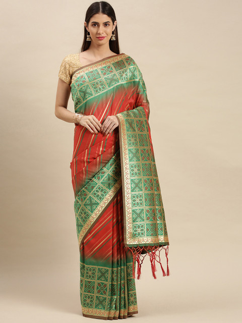 

flaher Red & Green Striped Zari Art Silk Banarasi Saree