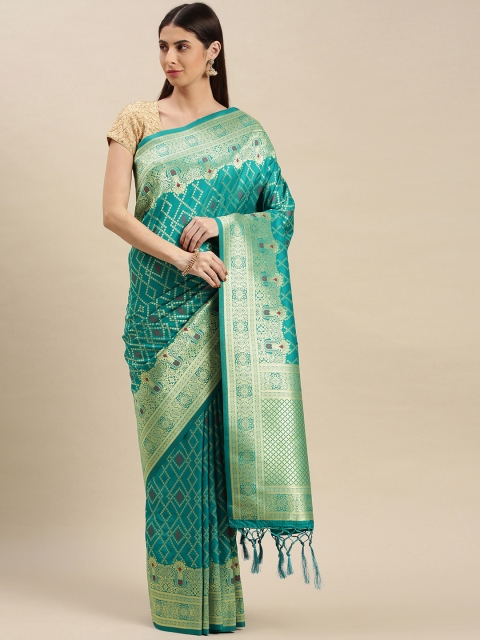 

flaher Turquoise Blue & Gold-Toned Woven Design Art Silk Banarasi Saree