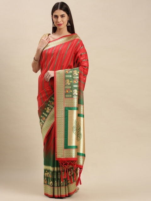 

flaher Red & Green Striped Brocade Art Silk Banarasi Saree