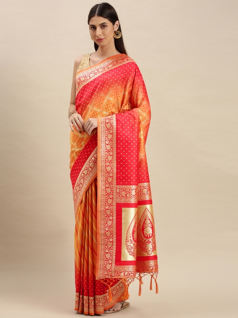 

flaher Pink & Mustard Yellow Woven Design Zari Art Silk Banarasi Saree