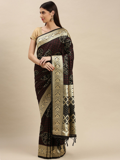 

flaher Black & Gold-Toned Woven Design Zardozi Art Silk Banarasi Saree
