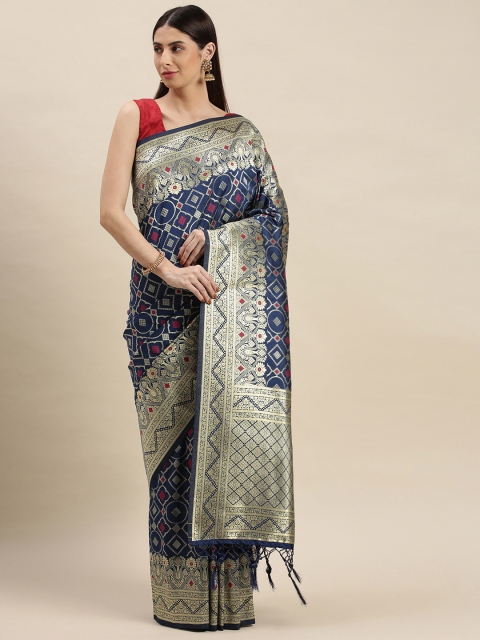 

flaher Navy Blue & Golden Ethnic Motifs Zari Art Silk Banarasi Saree
